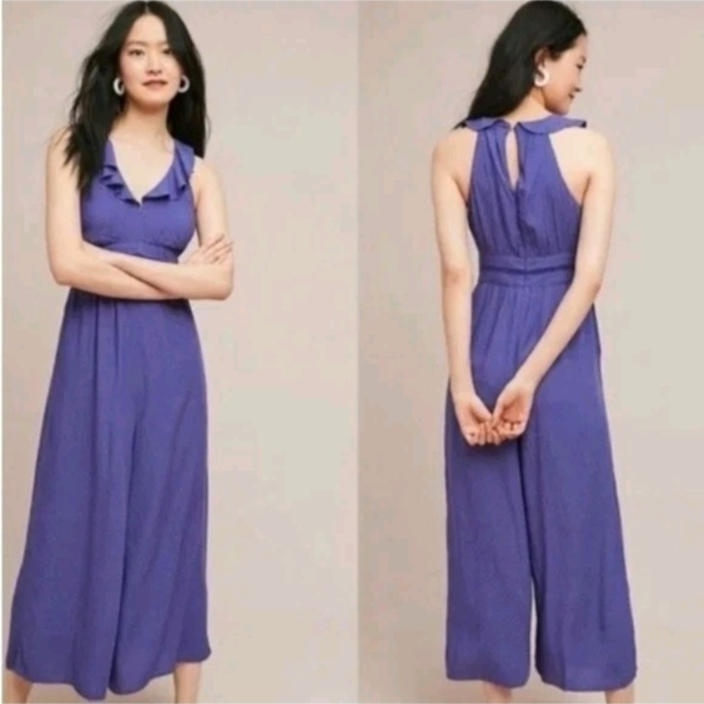 Maeve by Anthropologie Justine Jumpsuit Blue White Polka Dot Wide Leg Size 8
